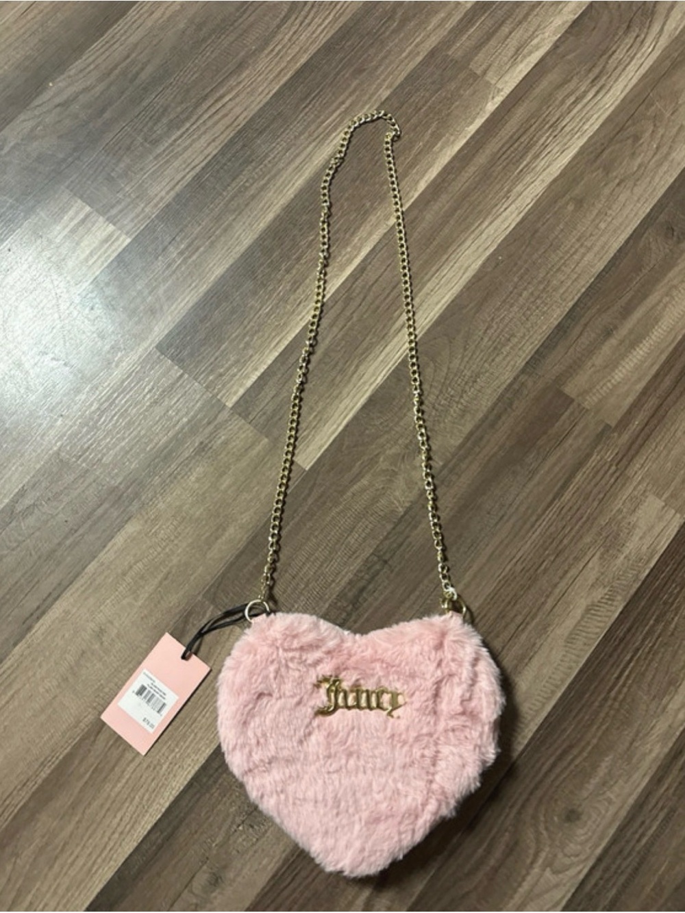 Juicy Couture Pink Heart Faux Fur Crossbody Bag with Gold Chain
